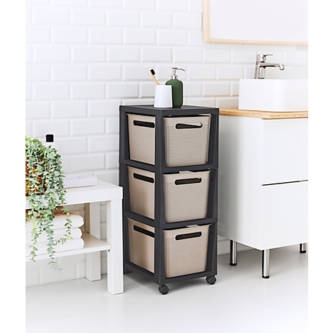 Tour de rangement BRISEN, avec roulettes, 3 x 16 litres, jusqu'à 30 kg, tiroirs amovibles des deux côtés, plastique recyclé, sans BPA, L 300 x l 366 x H 770 mm, cappuccino