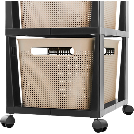 Tour de rangement BRISEN, avec roulettes, 3 x 16 litres, jusqu'à 30 kg, tiroirs amovibles des deux côtés, plastique recyclé, sans BPA, L 300 x l 366 x H 770 mm, cappuccino