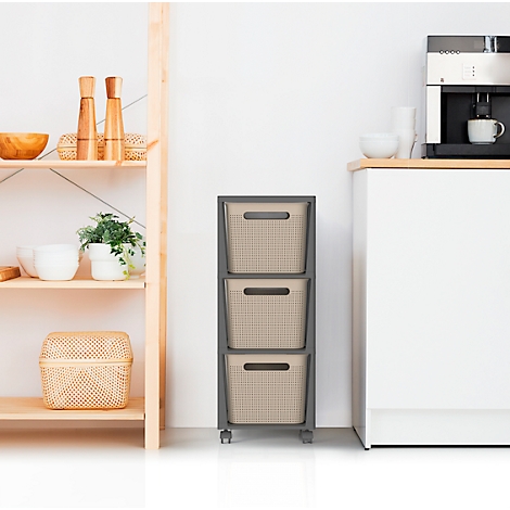 Tour de rangement BRISEN, avec roulettes, 3 x 16 litres, jusqu'à 30 kg, tiroirs amovibles des deux côtés, plastique recyclé, sans BPA, L 300 x l 366 x H 770 mm, cappuccino
