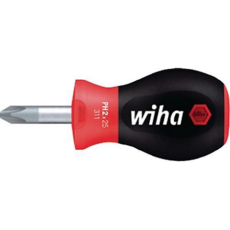 Un tournevis noir avec une poignée rouge et une pointe argentée, avec "wiha" et des informations sur le produit.