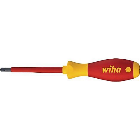 Un tournevis rouge avec un manche jaune. Le manche porte la mention "wiha".