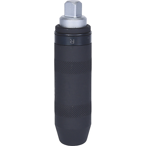 Outil gris foncé avec surface nervurée et tête hexagonale.