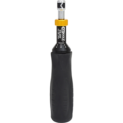 Clé dynamométrique avec poignée noire, collerette jaune et pointe argentée, logo KS TOOLS.