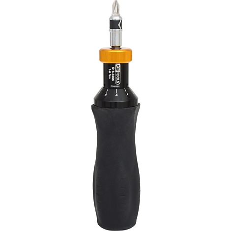 Tournevis avec manche noir et partie rotative dorée. Inscription : KS TOOLS 616.3385 1,4 Nm.