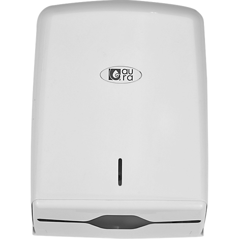 White paper towel dispenser with the "aura" logo.