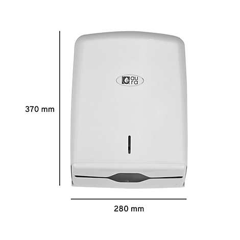White paper towel dispenser with dimensions. Has 'aura' written on it.