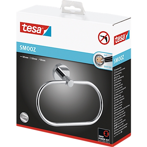 Tesa Smooz towel holder packaging. The holder has an oval shape.