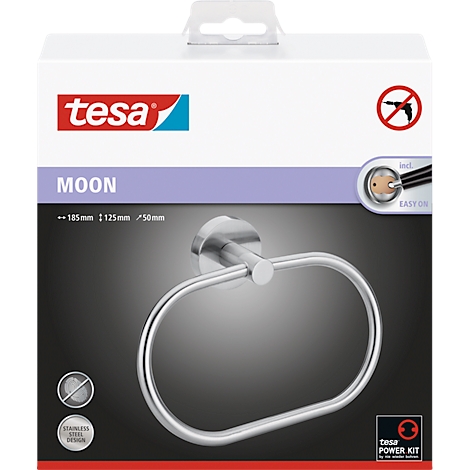 Stainless steel towel ring, packaged in a white box. Brand: Tesa. Print: MOON, stainless steel design, easy on.