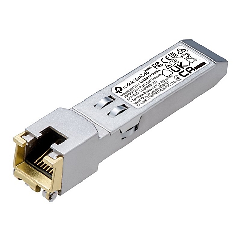 Ein silbernes Netzwerkmodul, Detailansicht. Der vordere Teil hat einen goldenen Anschluss. Beschriftung: 'tp-link Omad RoHS'.