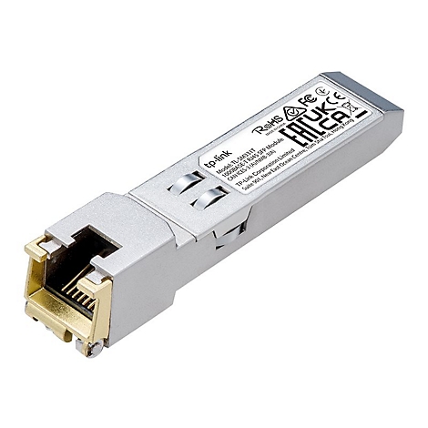 Ein silberfarbenes TP-Link SFP-Modul mit RJ45-Anschluss, beschriftet mit technischen Daten.