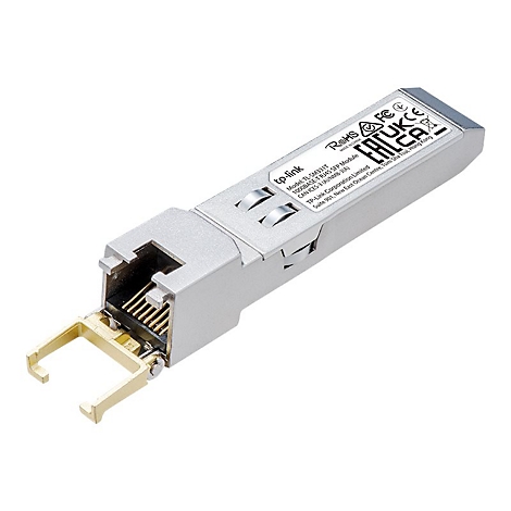 Ein silbernes Netzwerkmodul von tp-link mit Goldfarbenen Elementen und Aufschriften.