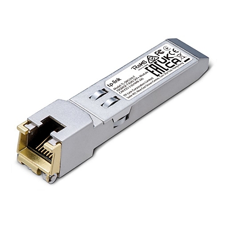 Ein silberner TP-Link SFP+ Modul-Stecker mit goldener RJ45-Buchse. Aufschrift: TP-Link, Model TL-SM5310-T.