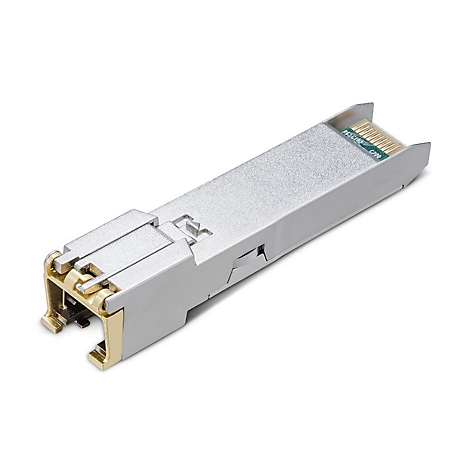 Ein silberner SFP-Transceiver, Details der goldenen und grünen Elemente. Text: RBS C192 C200.
