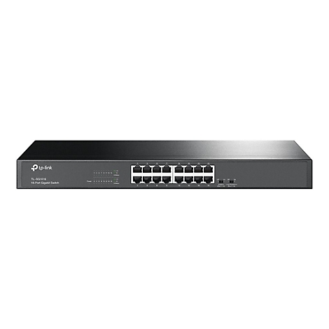 Un commutateur TP-Link noir sur fond blanc. Il possède 16 ports et diverses LED.
