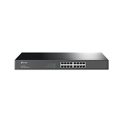 Commutateur réseau TP-Link noir avec 16 ports, sur fond blanc.