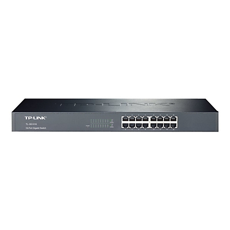 Commutateur Gigabit TP-Link noir à 16 ports, avec ports et LED. Texte: TP-Link, TL-SG1016.