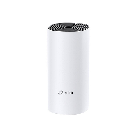 Routeur Wi-Fi TP-Link cylindrique blanc. Dessus noir rainuré, logo en bas.