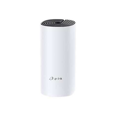 Routeur blanc cylindrique avec une grille noire sur le dessus. Petit logo Tp-link en bas.