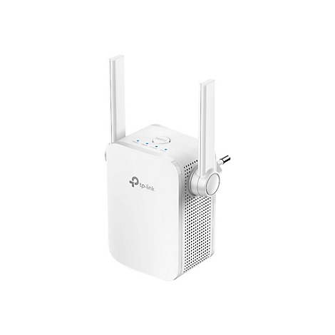 Ein weißer WLAN-Repeater mit zwei Antennen. Auf der Vorderseite befindet sich das Logo von TP-Link.