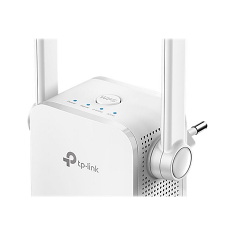 Nahaufnahme eines weißen WLAN-Repeaters von tp-link mit Antennen und WPS-Taste. Es ist auf weißem Hintergrund.