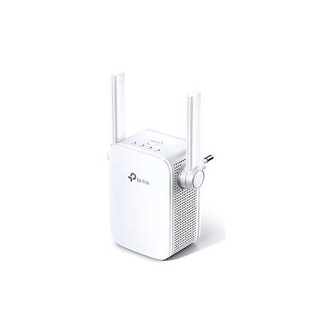 Weißer WLAN-Repeater mit zwei Antennen und Logo. Das Gerät ist an einer Steckdose befestigt.