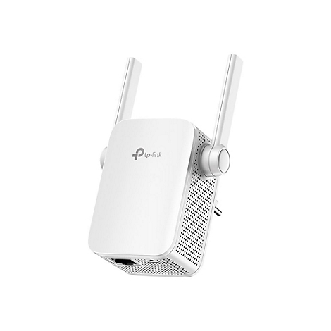 Weißer WLAN-Repeater mit zwei Antennen; tp-link Logo.
