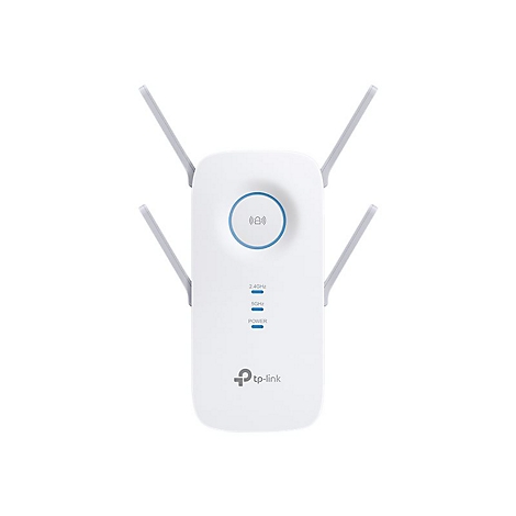 Weißer TP-Link WLAN-Repeater mit vier ausklappbaren Antennen und zentraler runder WPS-Taste vor weißem Hintergrund.