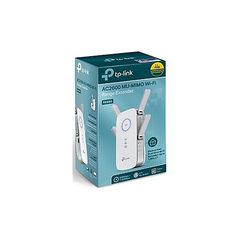 Verpackung des TP-Link AC2600 MU-MIMO Wi-Fi Range Extenders RE650 mit weißem Gerät und vier Antennen.