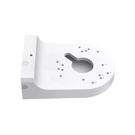 Weißes Montage-Gehäuse für eine Kamera mit Bohrungen und Aussparung.