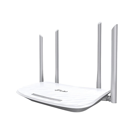 WeiÃŸer Router mit vier grauen Antennen. Auf der OberflÃ¤che befindet sich das Logo.