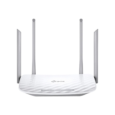 WeiÃŸer Router mit vier grauen Antennen. Das GehÃ¤use hat eine wellenfÃ¶rmige Textur und das Logo von TP-Link ist sichtbar.