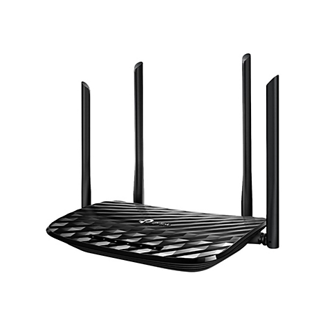 Ein schwarzer TP-Link Router mit vier Antennen. Das Gehäuse hat ein geometrisches Muster, das Logo ist sichtbar.