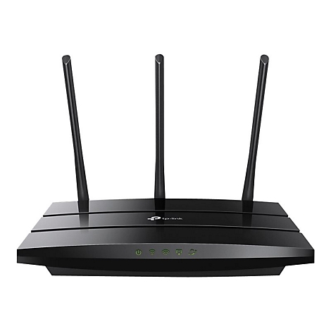 Schwarzer WLAN-Router mit drei Antennen, einem Logo von TP-Link und grünen Kontrollleuchten.