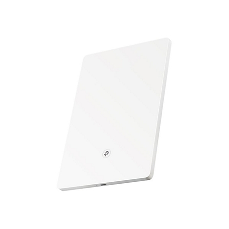 Rechteckige, weiße drahtlose Ladestation mit TP-Link-Logo. Schlichtes Design.