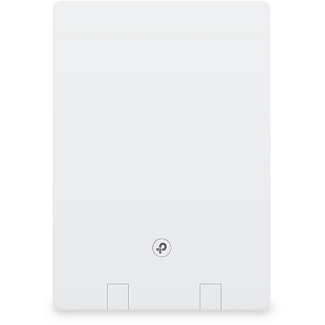 Appareil blanc rectangulaire, coins arrondis. Symbole au milieu en bas, deux renfoncements rectangulaires.