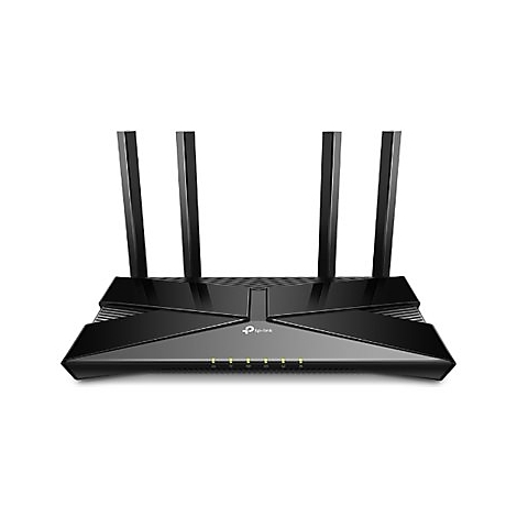 Schwarzer WLAN-Router mit vier Antennen, TP-Link Logo.
