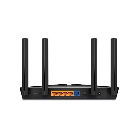 Schwarzer Router mit vier Antennen, LAN- und WAN-Anschlüssen. Auf der Rückseite befinden sich Anschlüsse, der Power-Knopf und der Reset-Knopf.