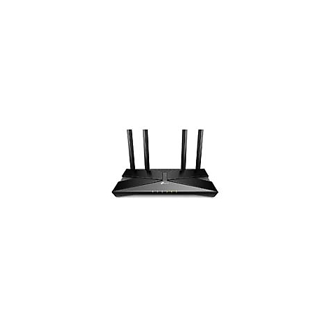Schwarzer WLAN-Router mit vier Antennen, auf weißem Hintergrund.
