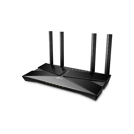 Ein schwarzer TP-Link-WLAN-Router mit vier Antennen, auf weißem Hintergrund.