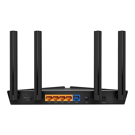 Schwarzer Router mit vier Antennen, LAN und WAN-Anschlüssen.