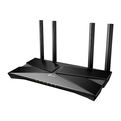 Schwarzer WLAN-Router mit vier Antennen, TP-Link Logo und grünen LEDs.