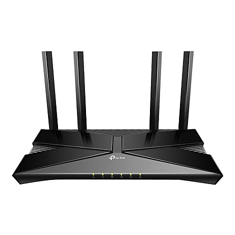 Schwarzer WLAN-Router mit vier Antennen, darunter das TP-Link-Logo und Kontrollleuchten.