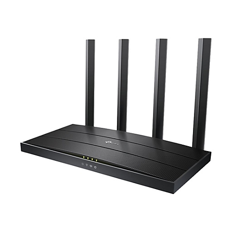 Routeur Wi-Fi noir avec quatre antennes, sur fond blanc. Logo TP-Link en haut à droite.