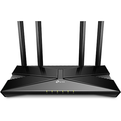 Schwarzer WLAN-Router mit vier Antennen, darunter ein Logo von tp-link und grüne Status-LEDs.