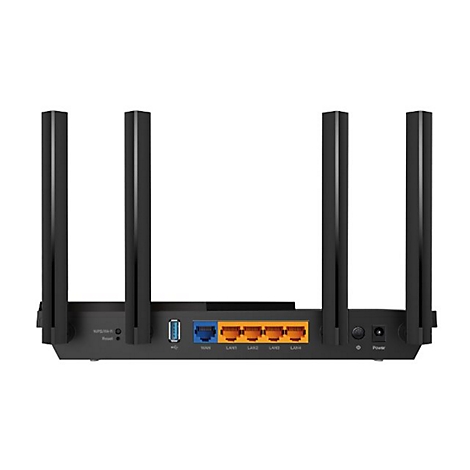 Schwarzer Router mit vier Antennen, Rückseite. Anschlüsse: USB, WAN, LAN1-4, Power.