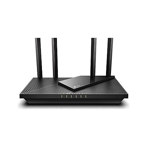 Schwarzer WLAN-Router mit vier Antennen, einem flachen Bedienfeld und grünen LED-Leuchten.