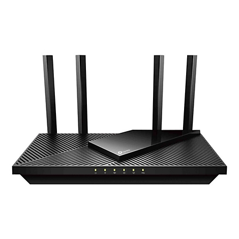 Routeur noir avec quatre antennes. Sur le dessus, une plaque avec le logo TP-Link.