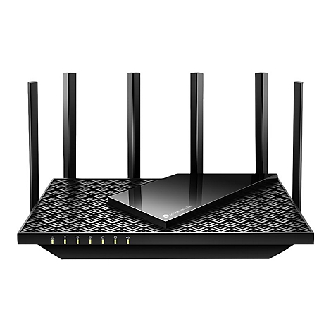 Schwarzer WLAN-Router mit sieben Antennen. Das Gehäuse hat ein geometrisches Muster, darunter sind Kontrollleuchten.