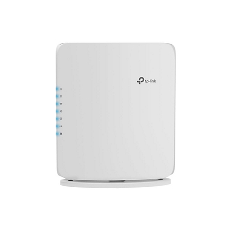 Weißer Router von TP-Link mit blauen LEDs. Logo und Symbole sichtbar.