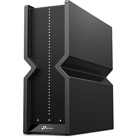 Schwarzer Router mit perforierter Front und LED-Leuchten. TP-Link Logo unten.